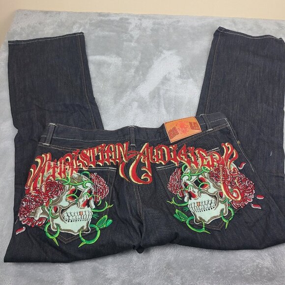 VTG Christian Audigier Men's NWT Embroidered Jeans Skull Rose Jeans Sz 42 X‎ 34 - Picture 1 of 16